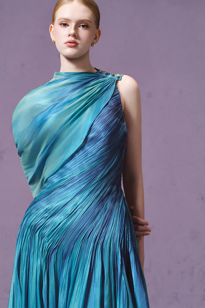 One-Shoulder with Cape and High-Slit Dress