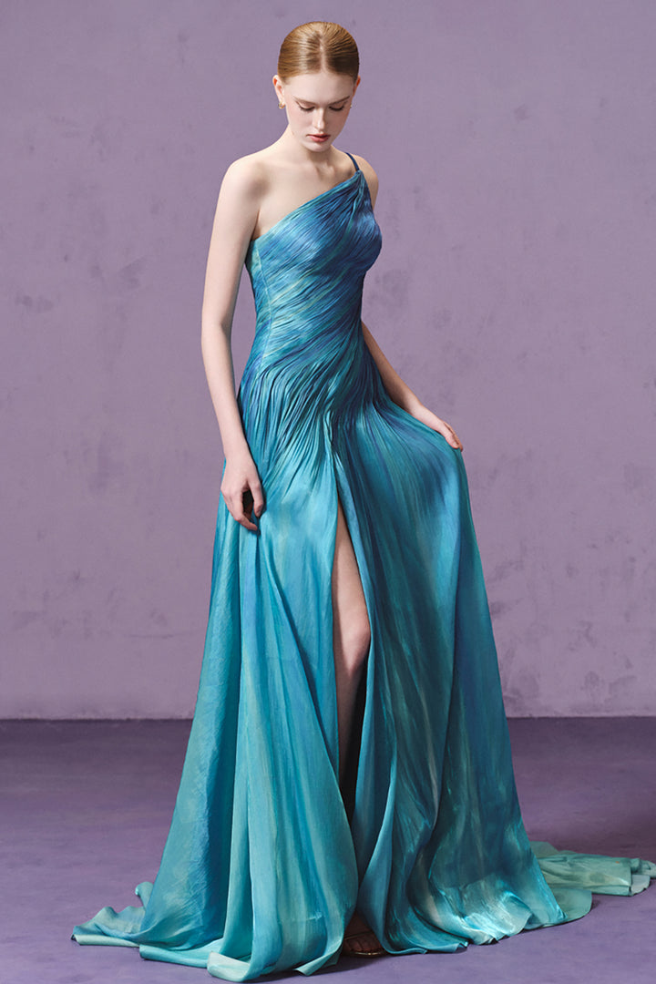 One-Shoulder with Cape and High-Slit Dress