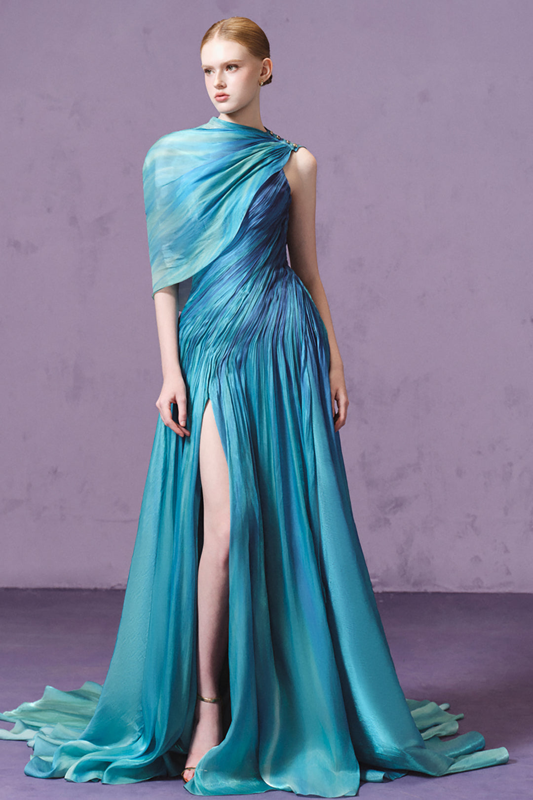 One-Shoulder with Cape and High-Slit Dress