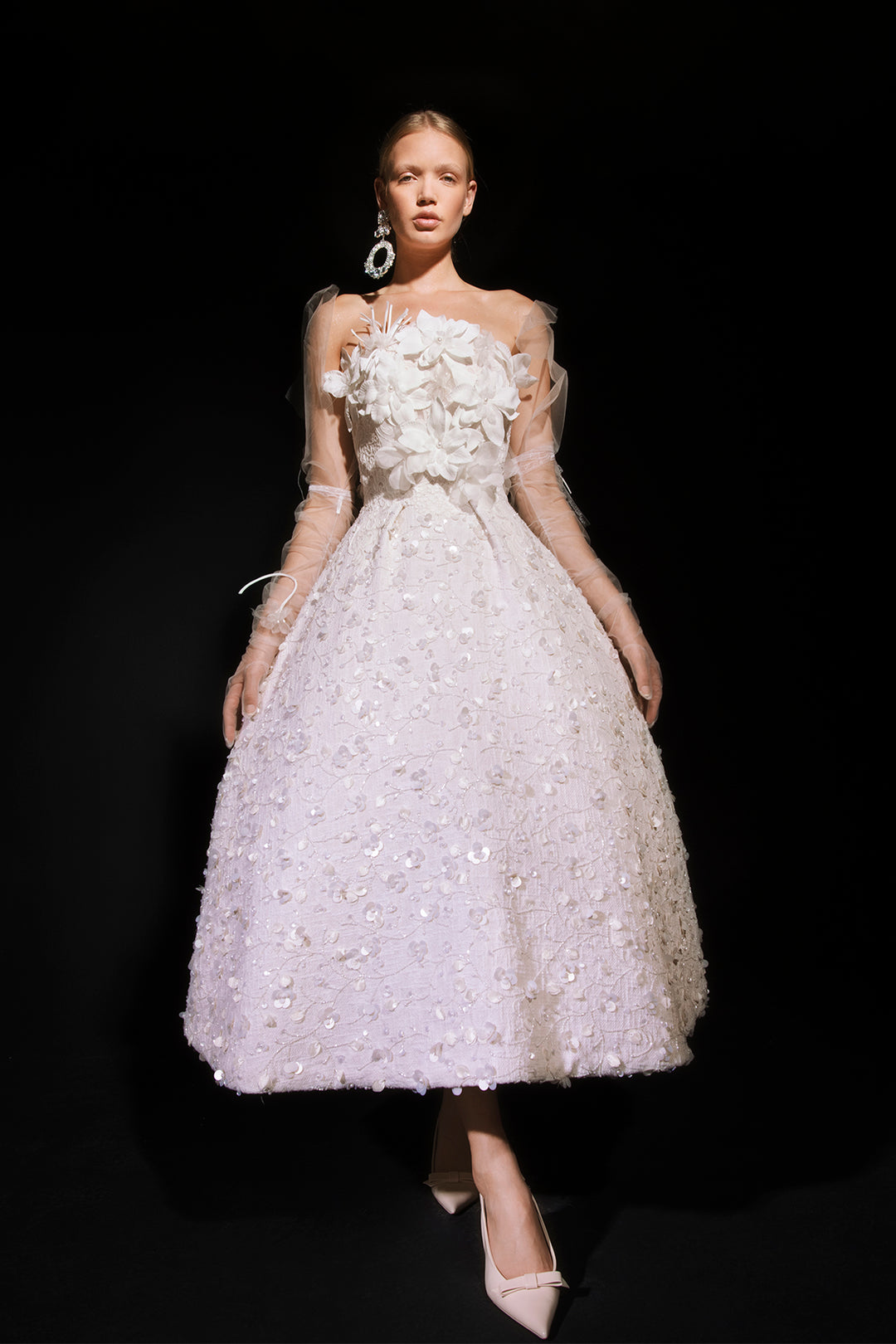 Midi Wedding Dress with Short Jacquard Bridal Cape