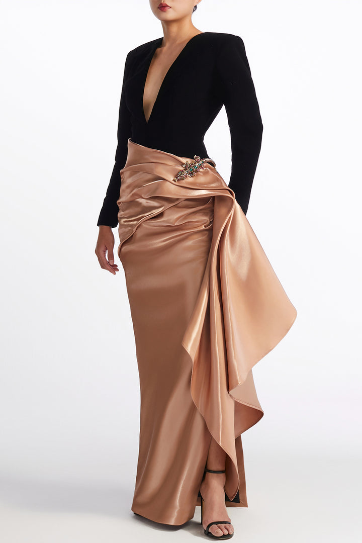 Architectural Plunging V-Neck Draped Dress