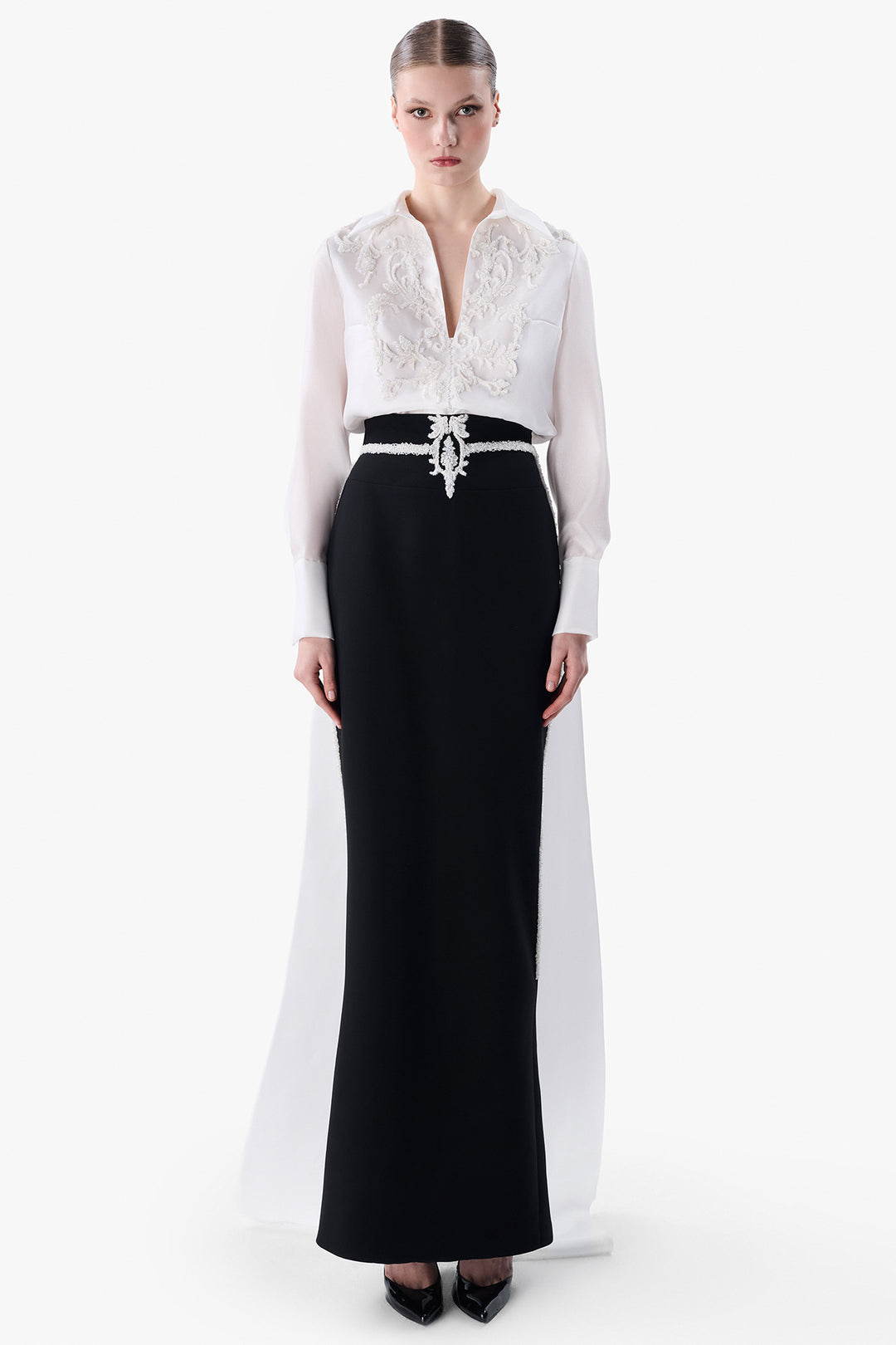 Embroidered Organza Blouse with Crepe Skirt