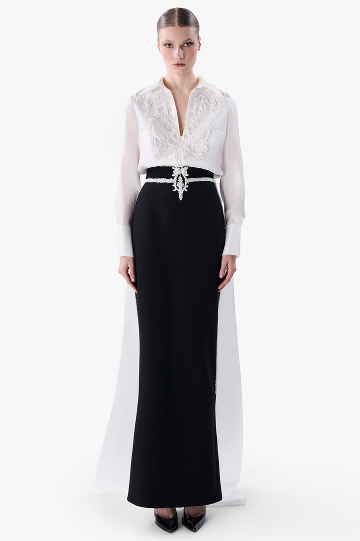 Embroidered Organza Blouse with Crepe Skirt