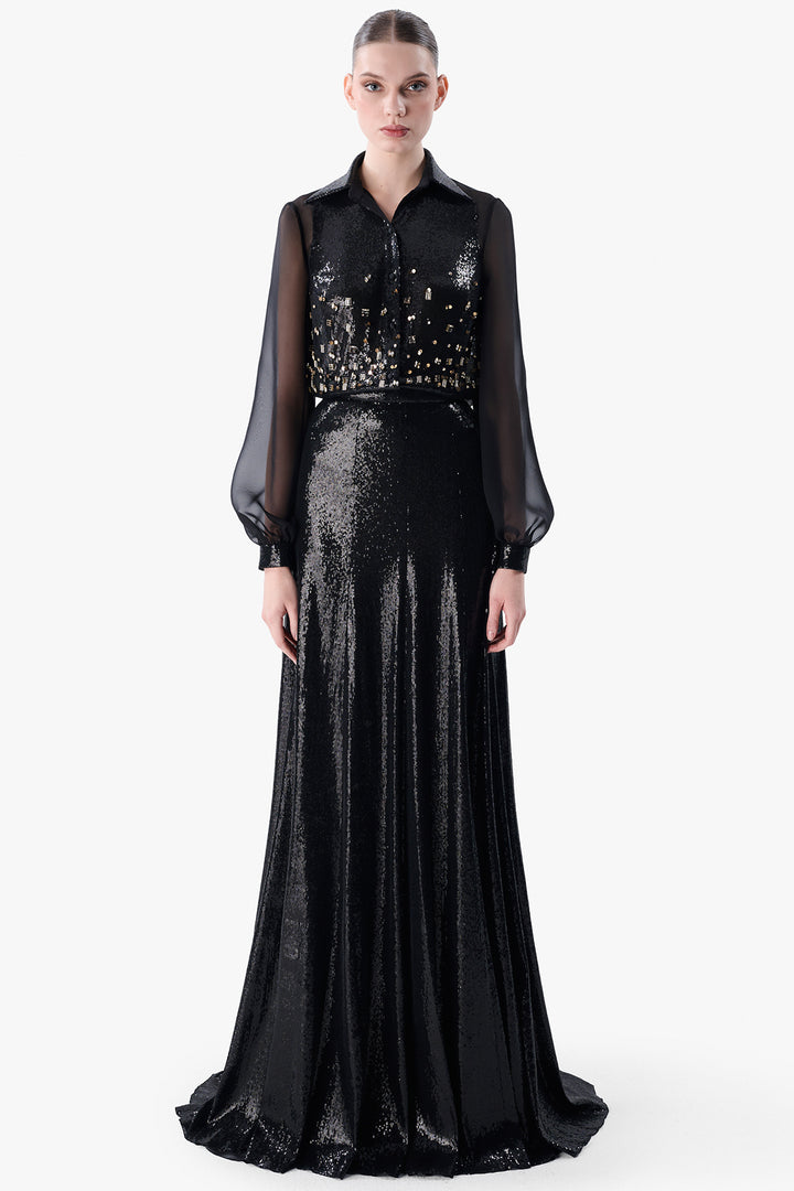 Sheer Sleeve Blouse with Sequinned Skirt
