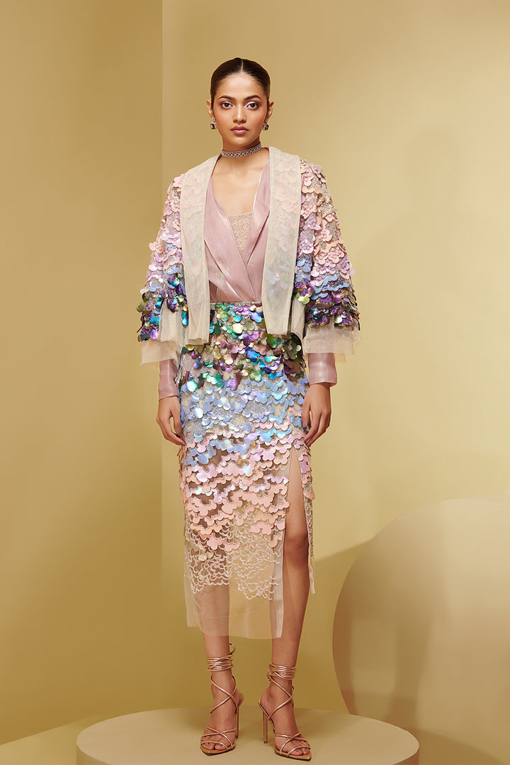 Shimmer Organza Three-Piece with Embroidered Bralette