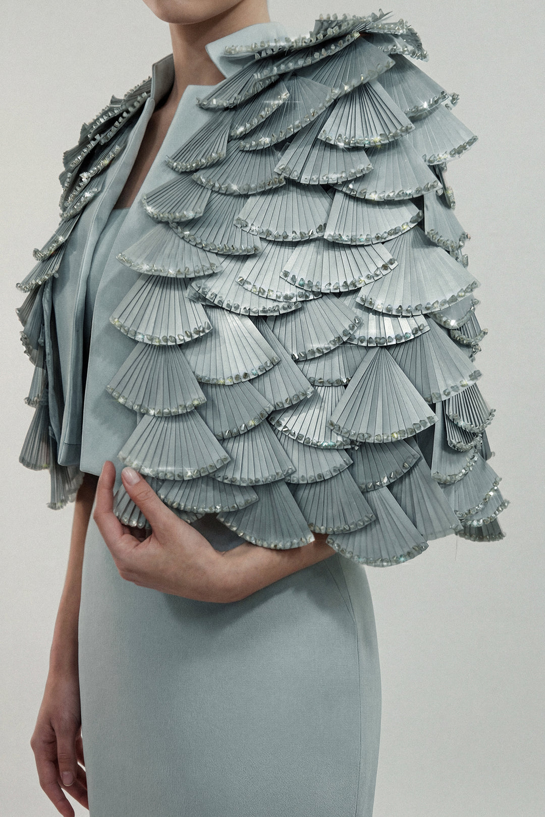 Fitted Gown with Layered Pleated Cape Jacket