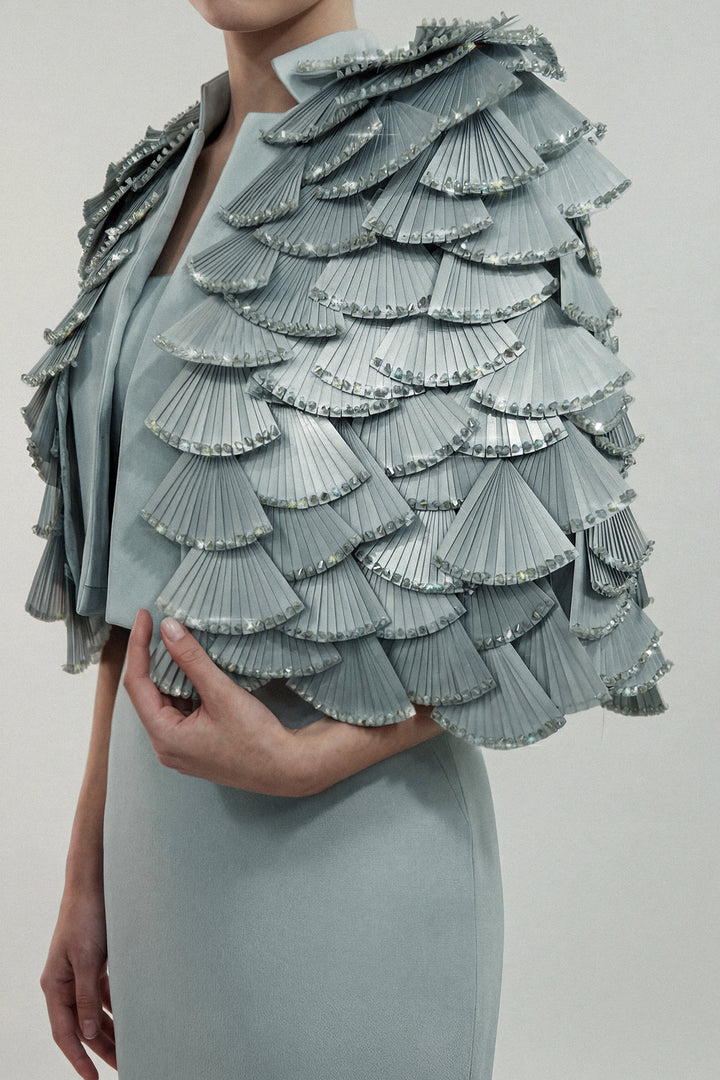 Fitted Gown with Layered Pleated Cape Jacket
