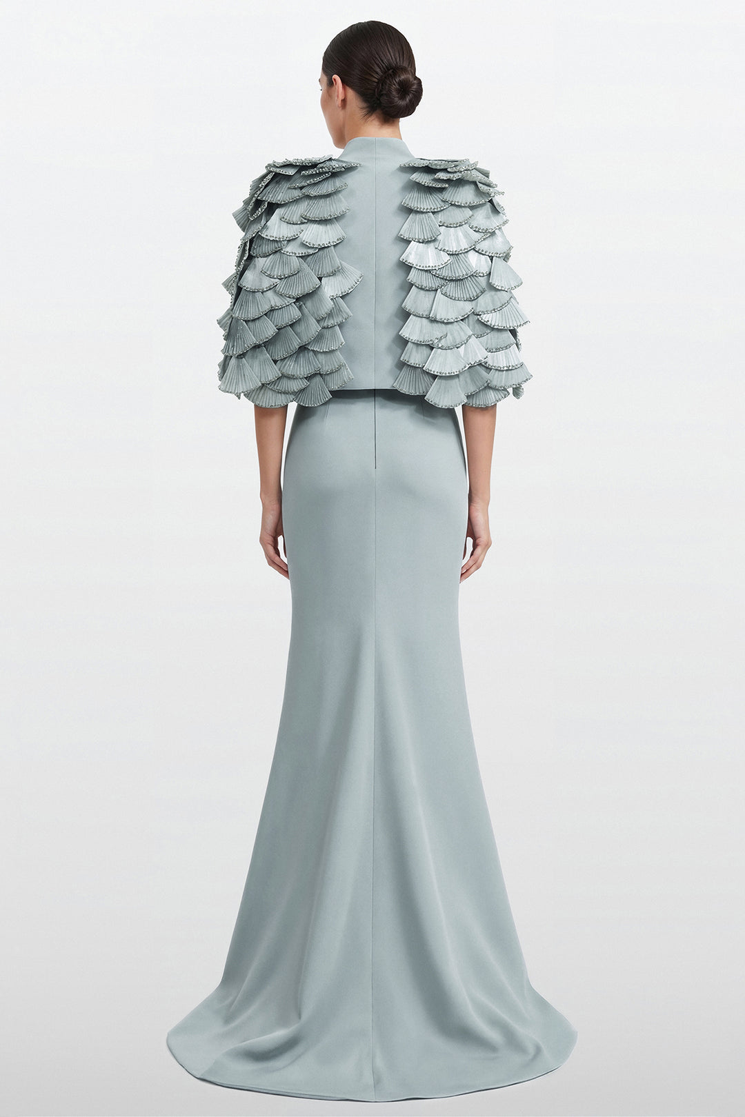 Fitted Gown with Layered Pleated Cape Jacket
