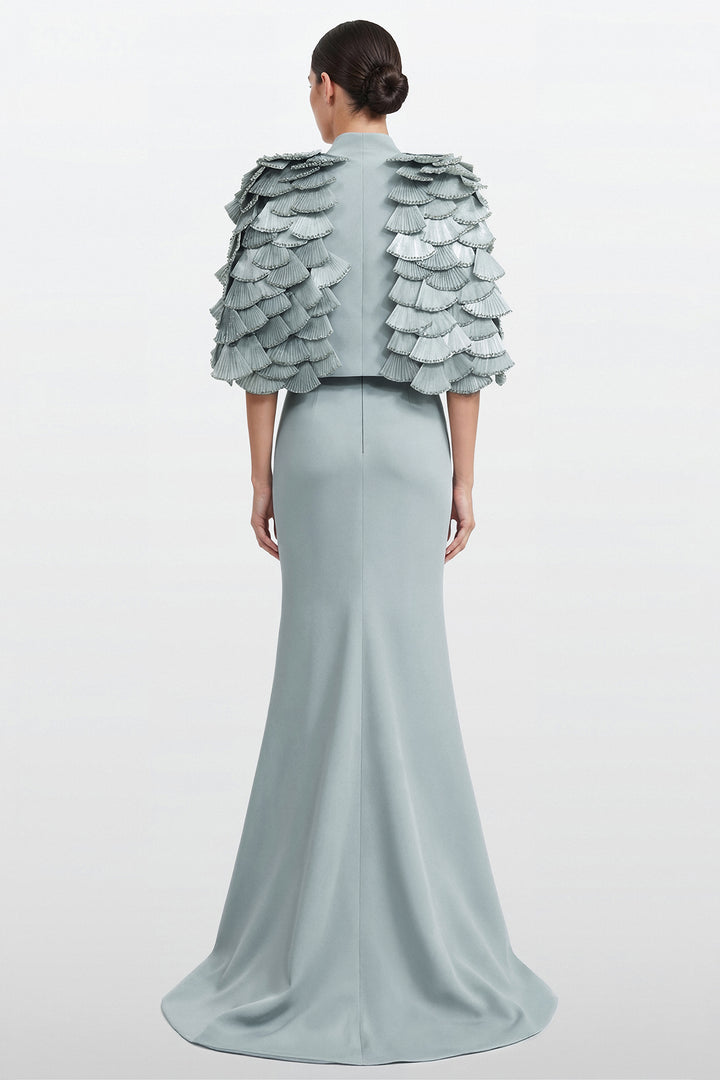 Fitted Gown with Layered Pleated Cape Jacket