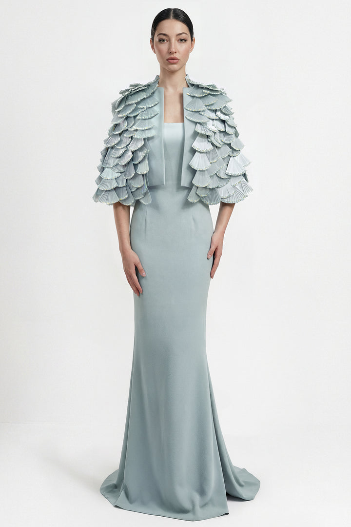 Fitted Gown with Layered Pleated Cape Jacket