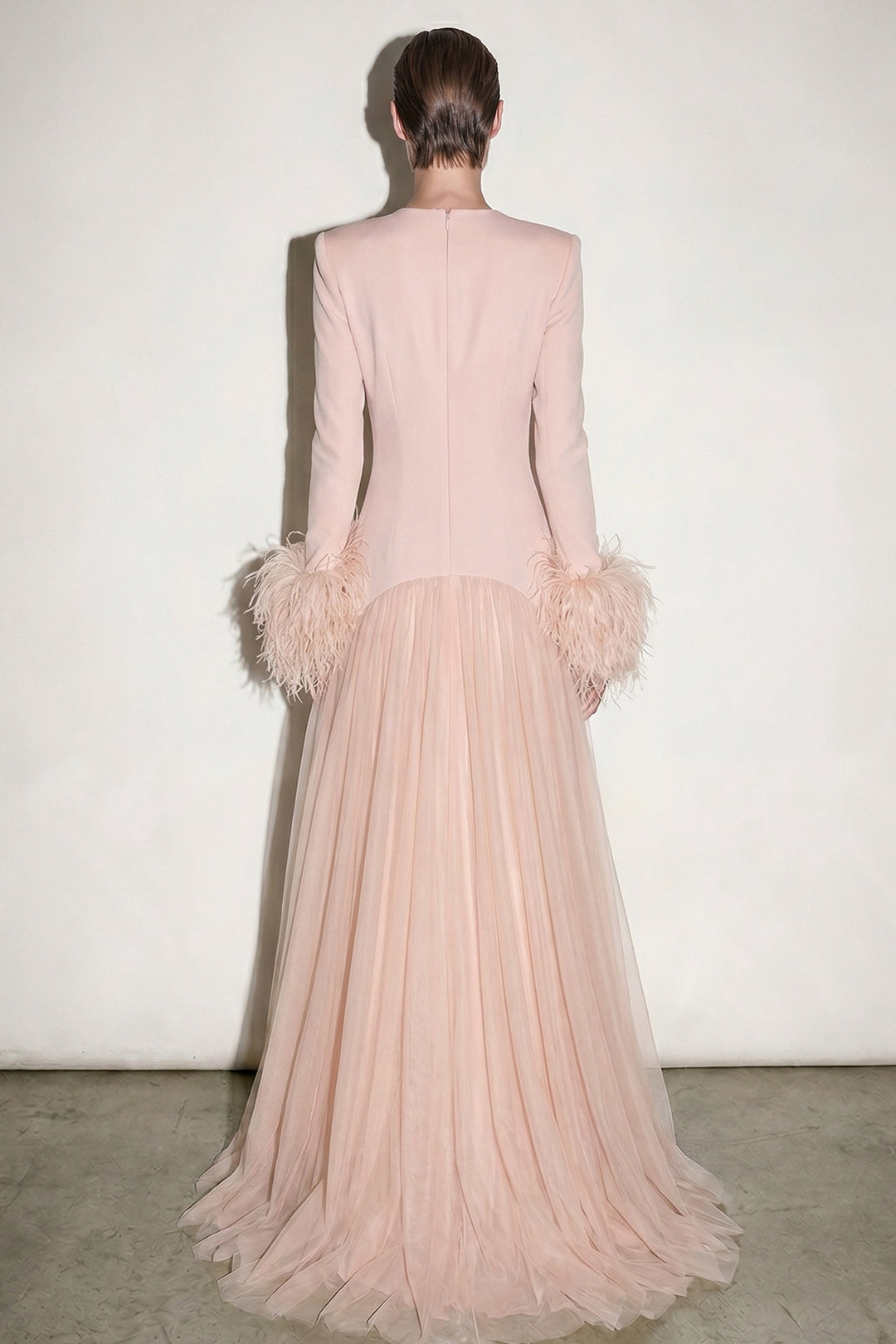 Feather-Cuffed Plunging Crepe with Chiffon Dress