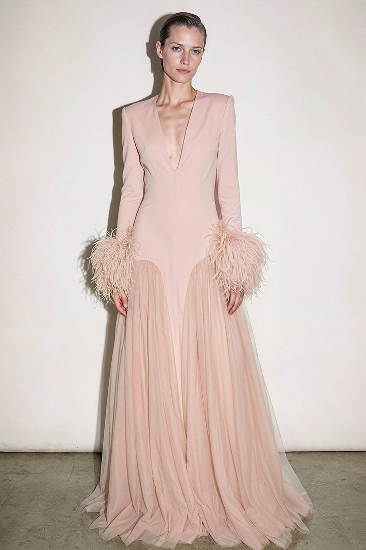 Feather-Cuffed Plunging Crepe with Chiffon Dress