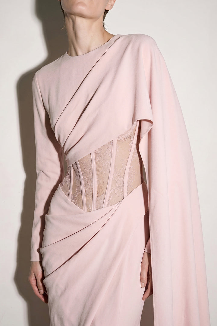 Corseted One-Shoulder with Long Draped Dress