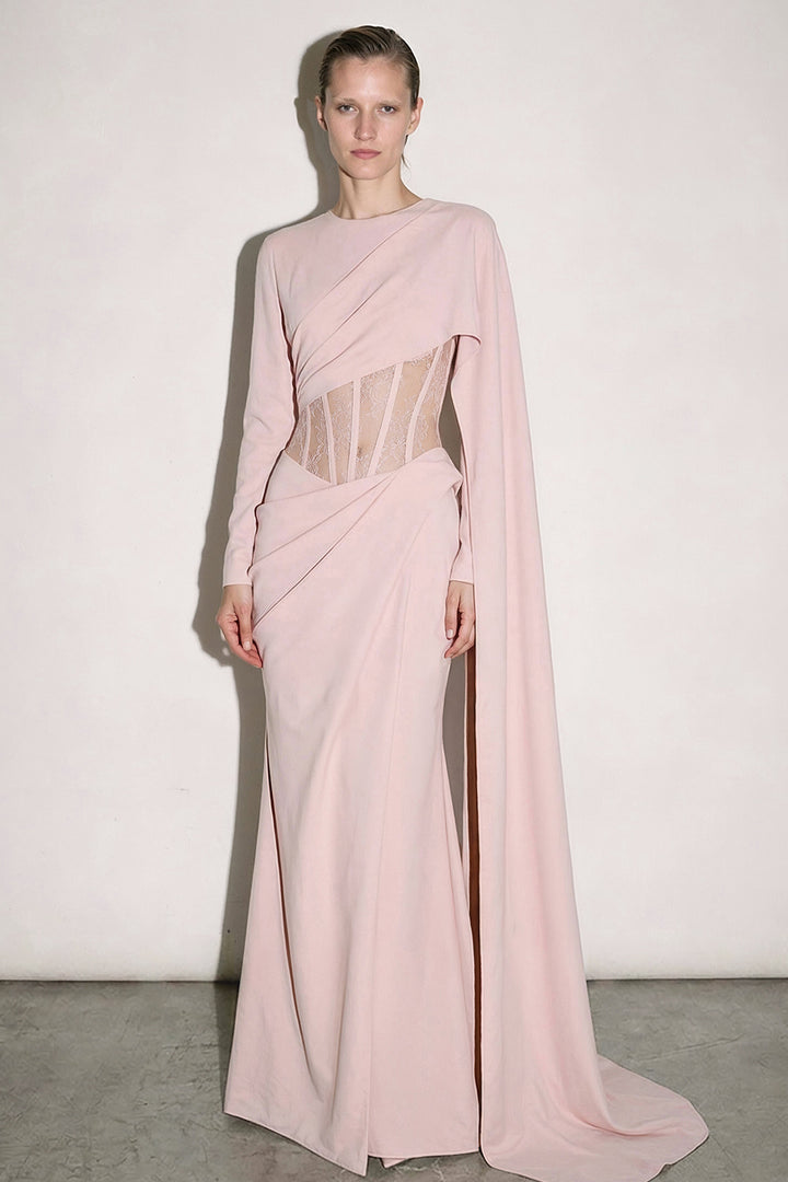 Corseted One-Shoulder with Long Draped Dress