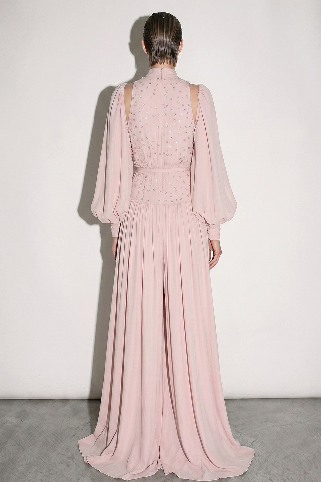 Crystal-Embellished High-Neck Pleated Dress