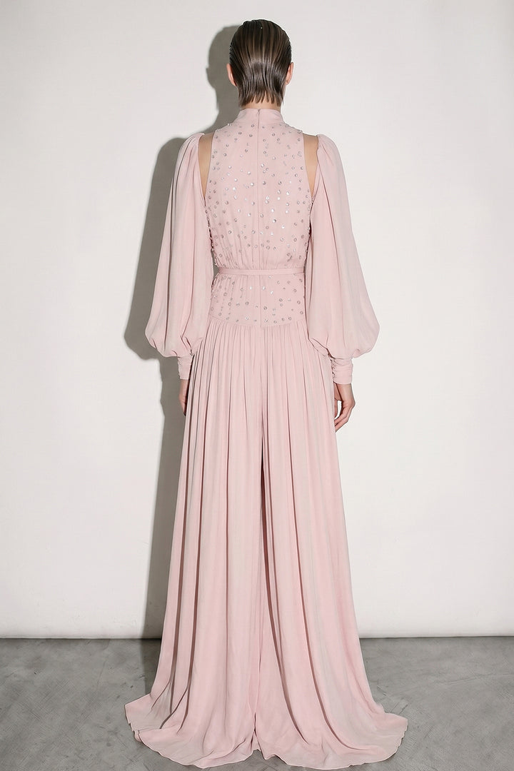Crystal-Embellished High-Neck Pleated Dress