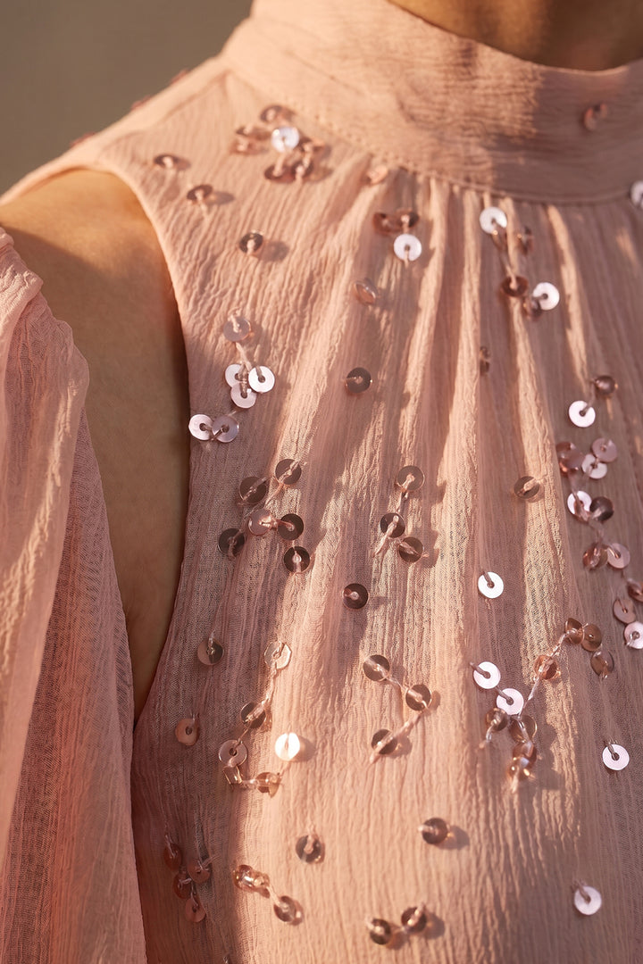 Crystal-Embellished High-Neck Pleated Dress