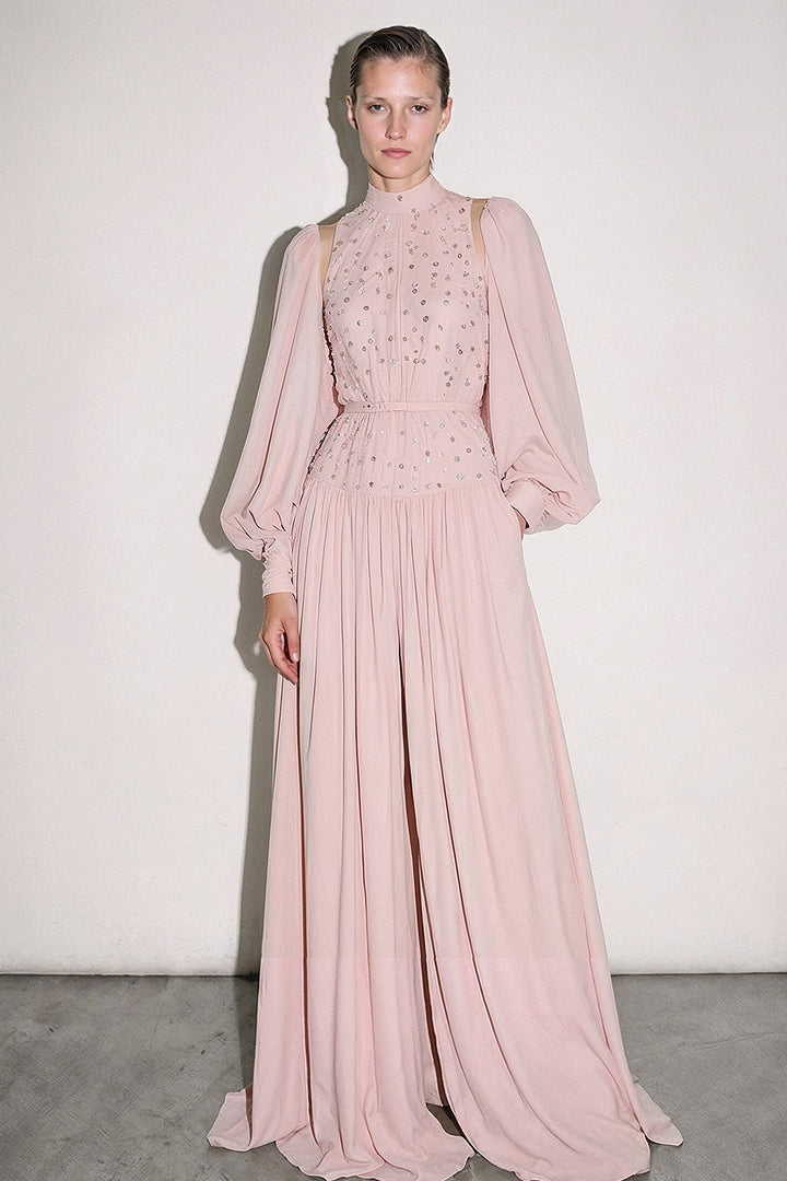 Crystal-Embellished High-Neck Pleated Dress