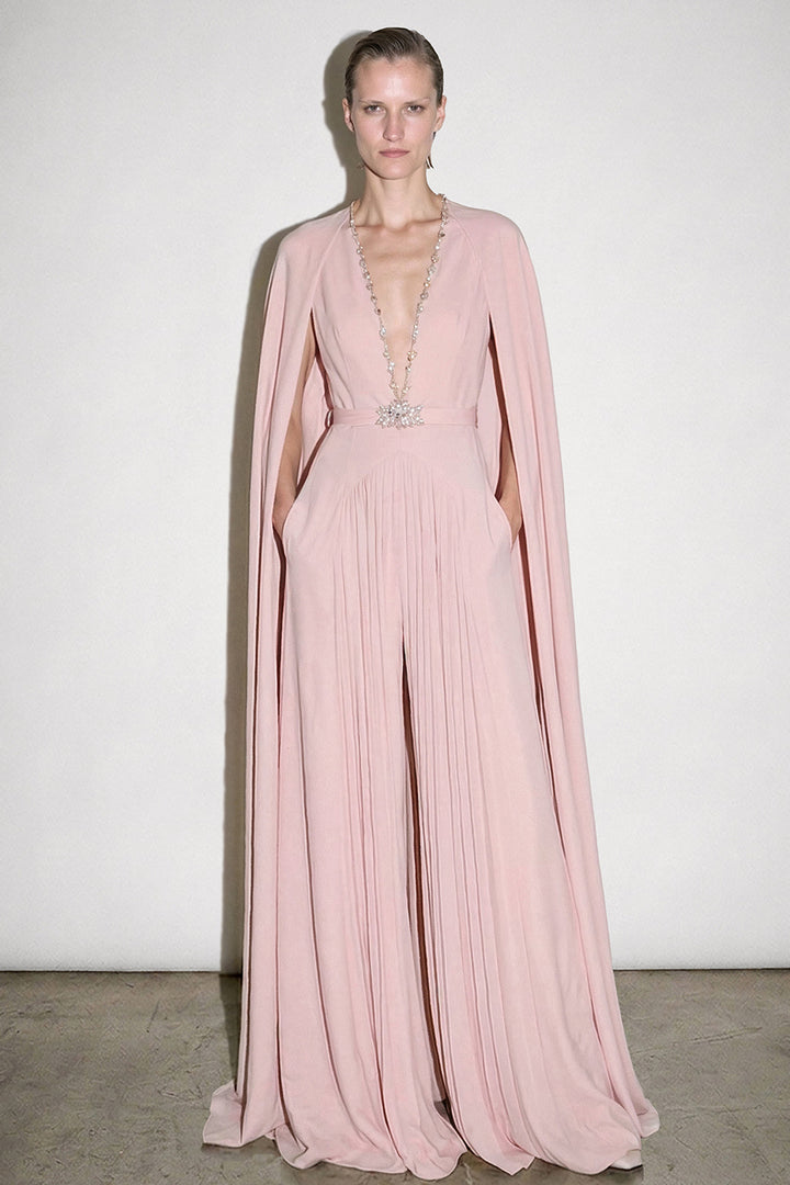 Beaded Plunging Caped Jumpsuit