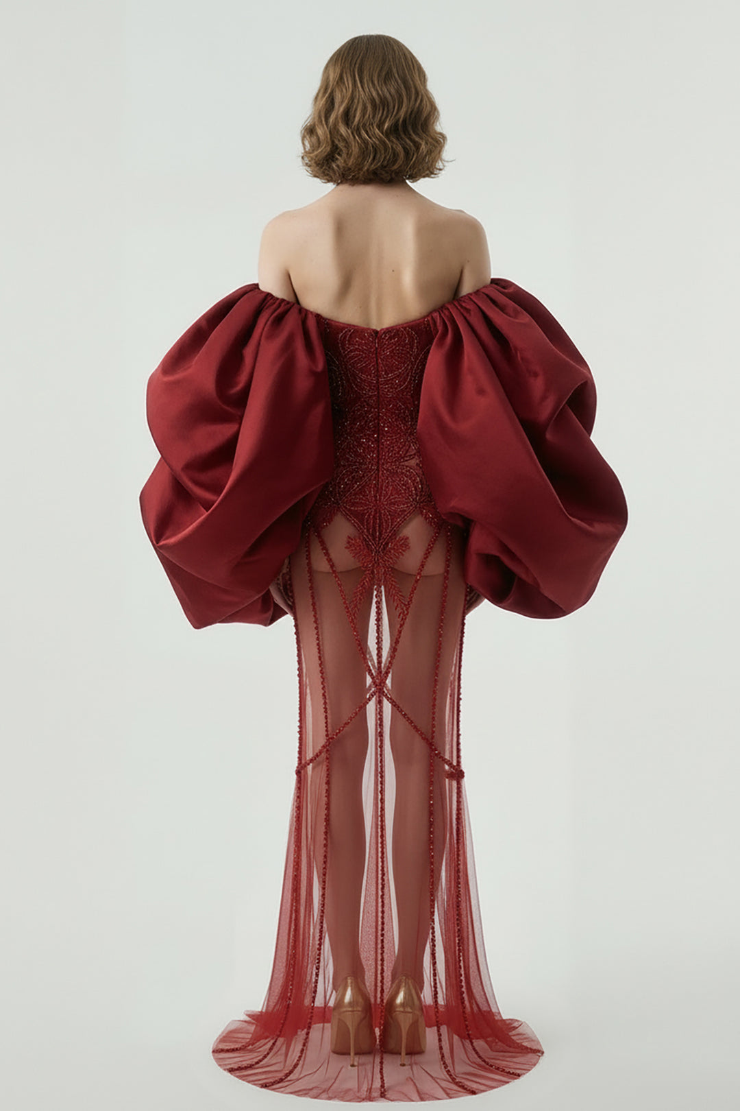 Off-The-Shoulder Balloon Dress with Embroidered Sheer Skirt