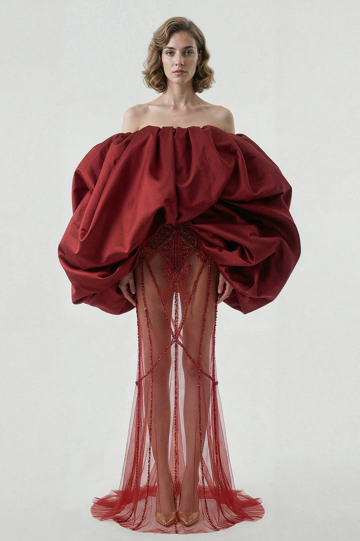 Off-The-Shoulder Balloon Dress with Embroidered Sheer Skirt
