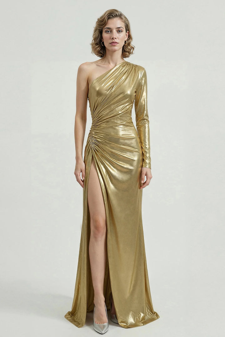 One-Shoulder High-Slit Drape Dress