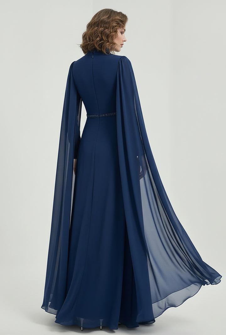 High-Neck Chiffon Cape Dress