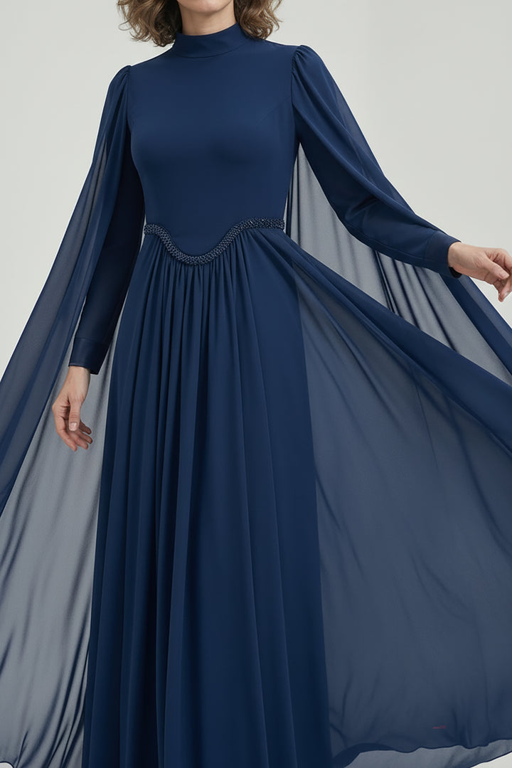 High-Neck Chiffon Cape Dress