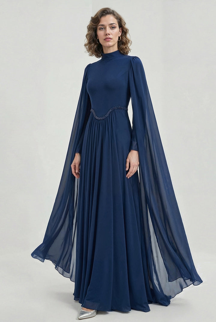High-Neck Chiffon Cape Dress