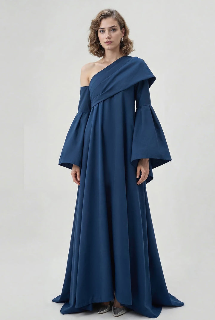 Architectural One-Shoulder Flare Dress