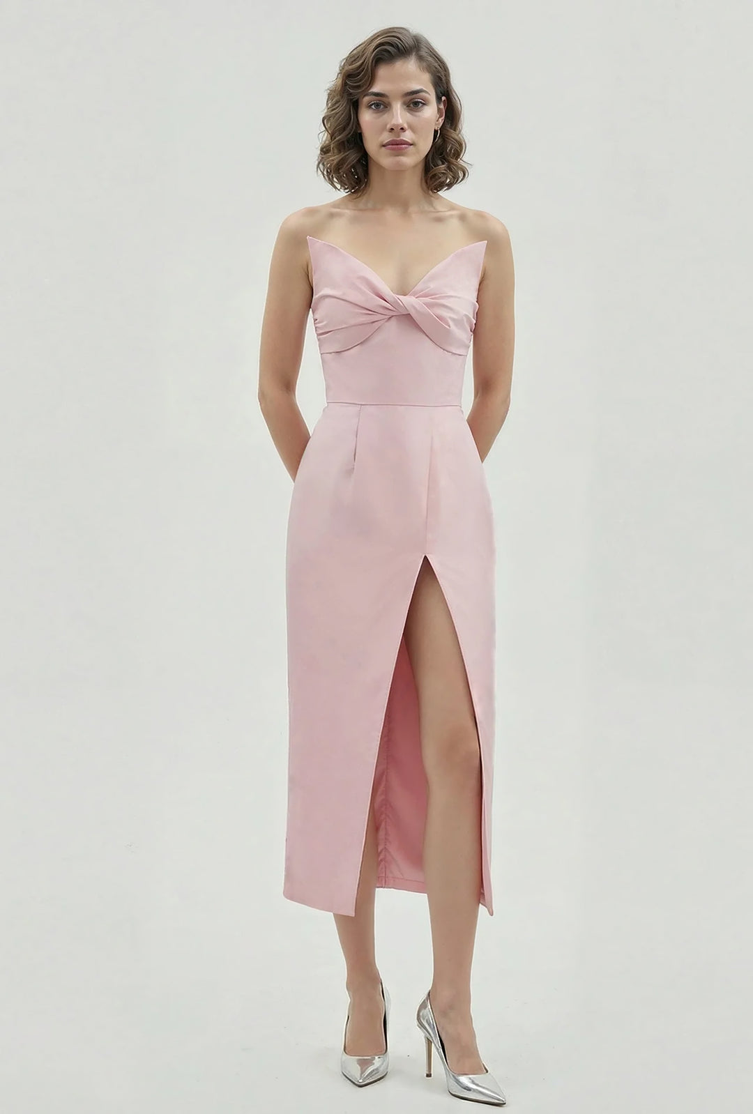 Knotted Bust Slit Midi Dress Dusty Pink / FR 46