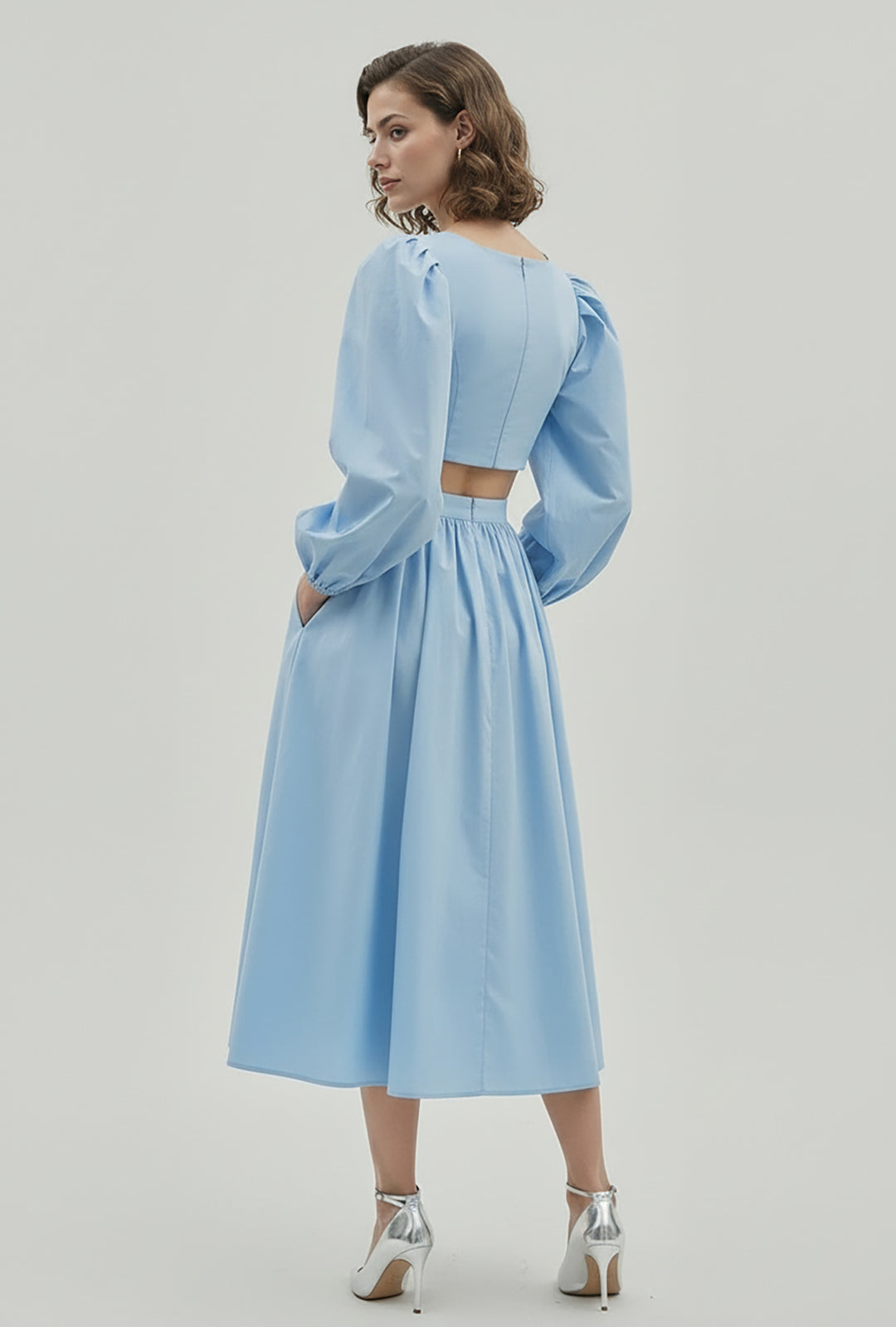 Cutout Puff-Sleeve Midi Dress