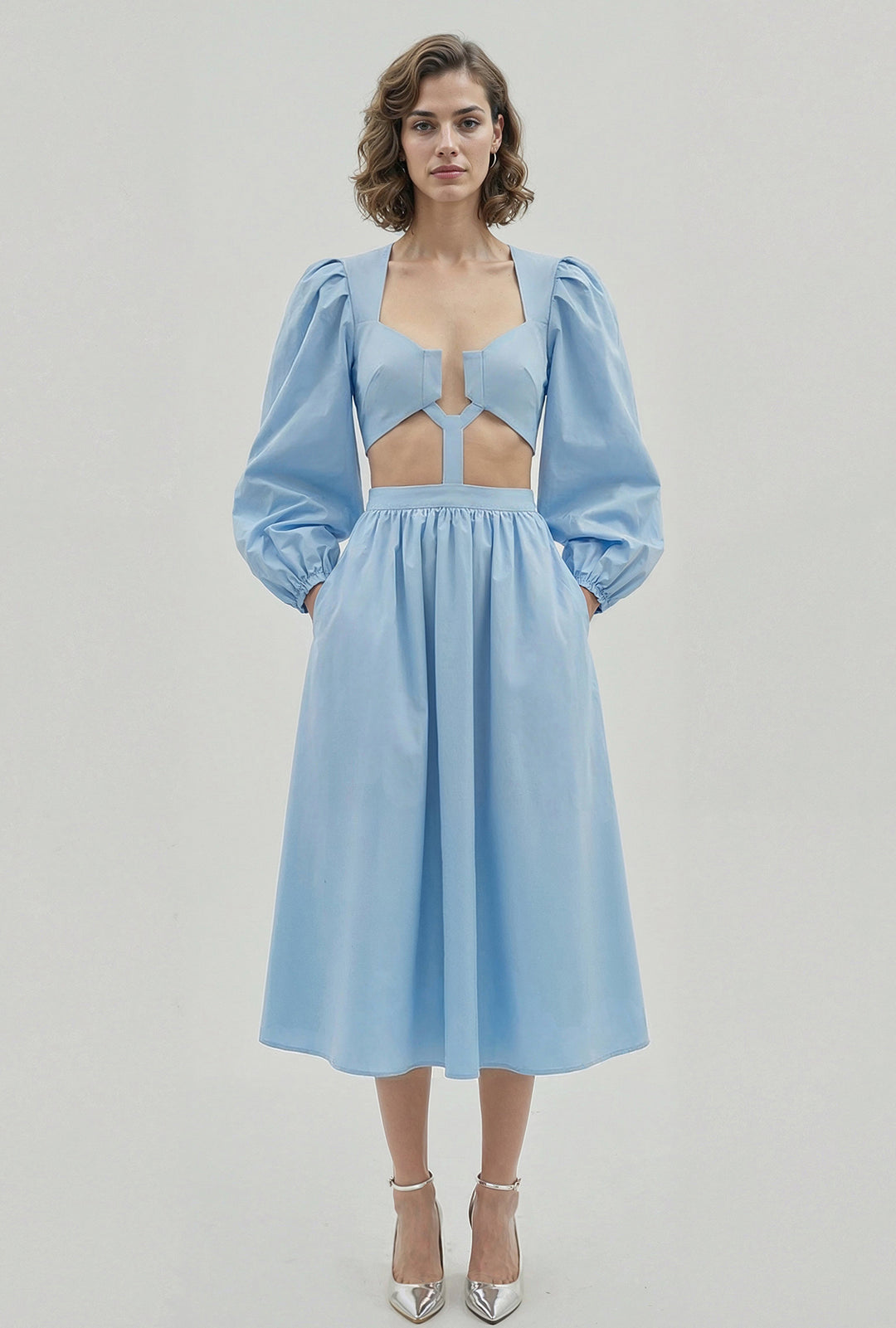 puff sleeve cut out midi dress Scoop Women's Cut Out Midi Dress with Puff Sleeves, Size XL