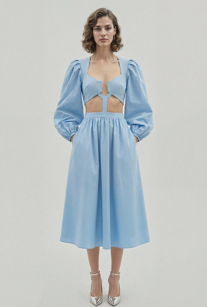Cutout Puff-Sleeve Midi Dress