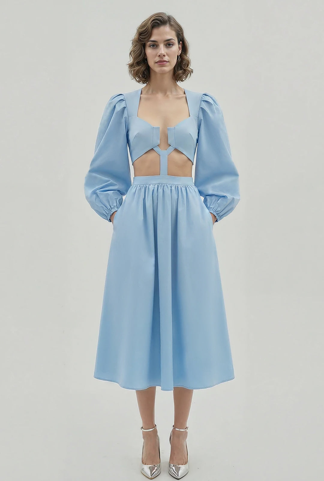 Cutout Puff-Sleeve Midi Dress Sky Blue / FR 40
