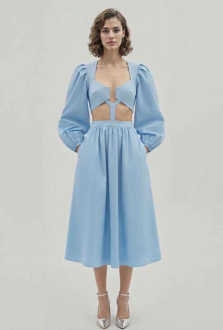 Cutout Puff-Sleeve Midi Dress
