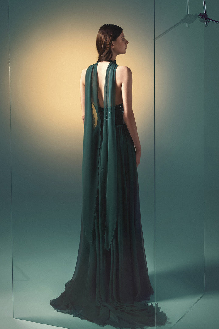 Silk Column Dress with Sequined Embellishments