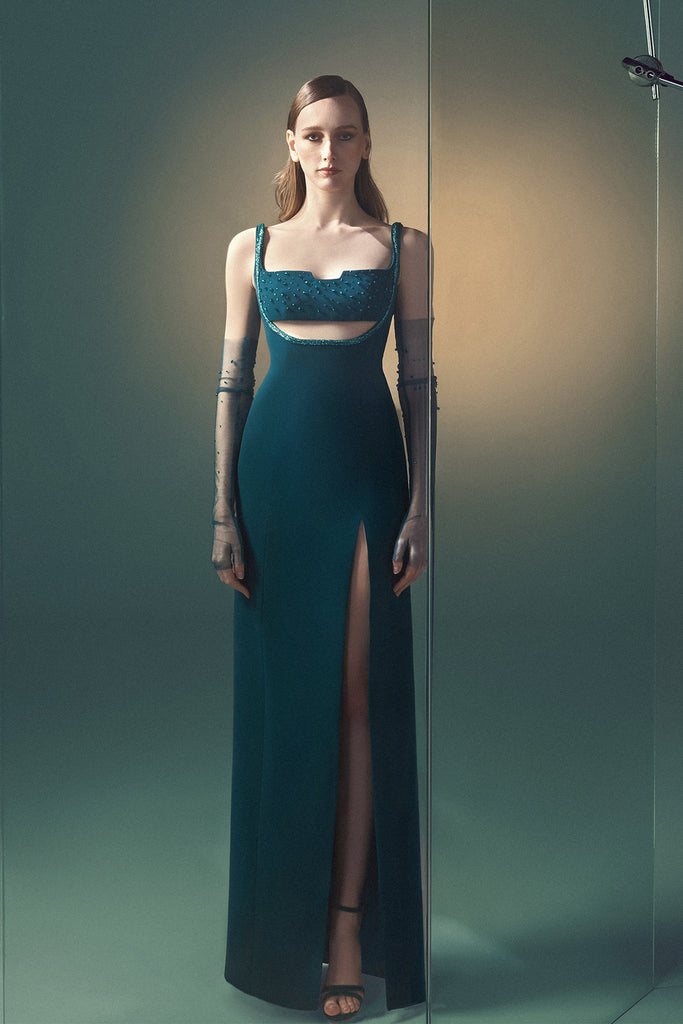 green emerald velvet dress Poly USA 8376 Fitted Long Square Neck Dress with Slit