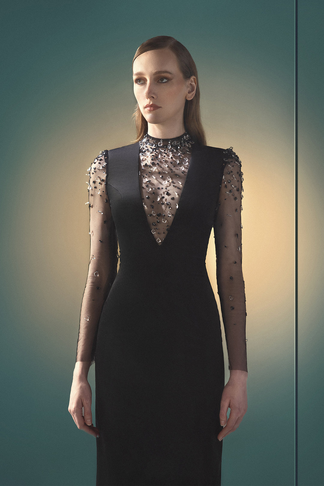 Plunging High-Neckline Column Dress