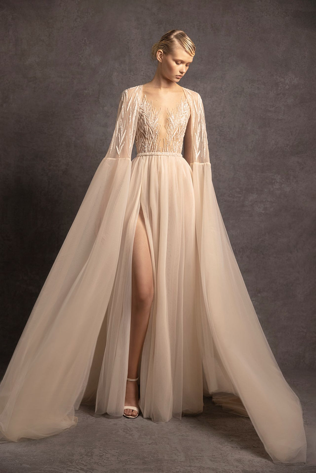 A-Line Wedding Dress with Cape Sleeves Beige / FR 50 A-Line Wedding Dress with Cape Sleeves Beige / FR 50