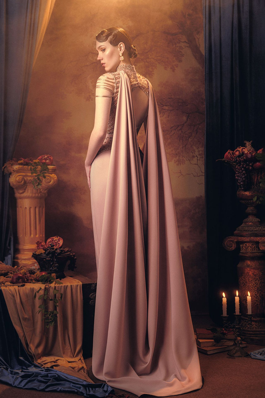 Crepe Jumpsuit with Draped Watteau Cape