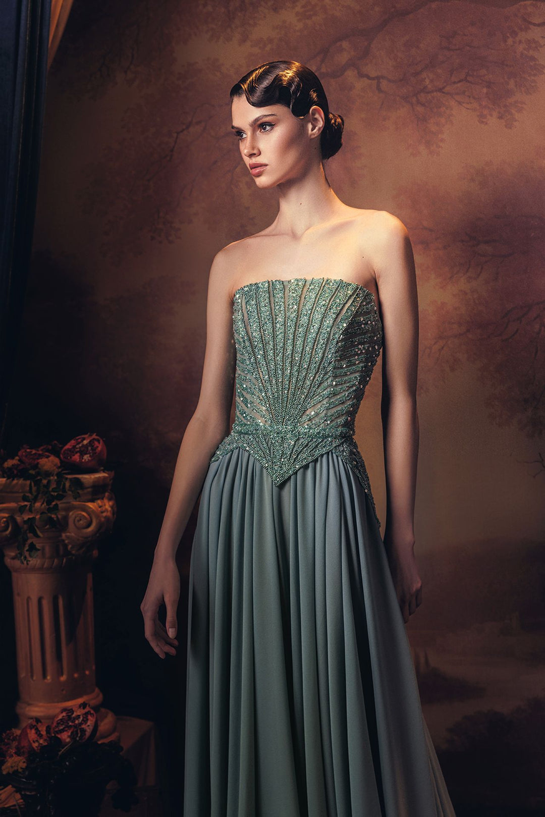 Strapless Pleated Silk Dress