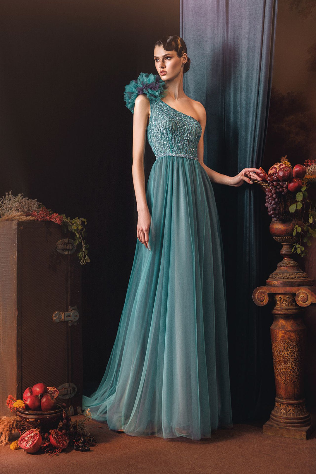 One-Shoulder Pleated A-line Dress Teal / US 10