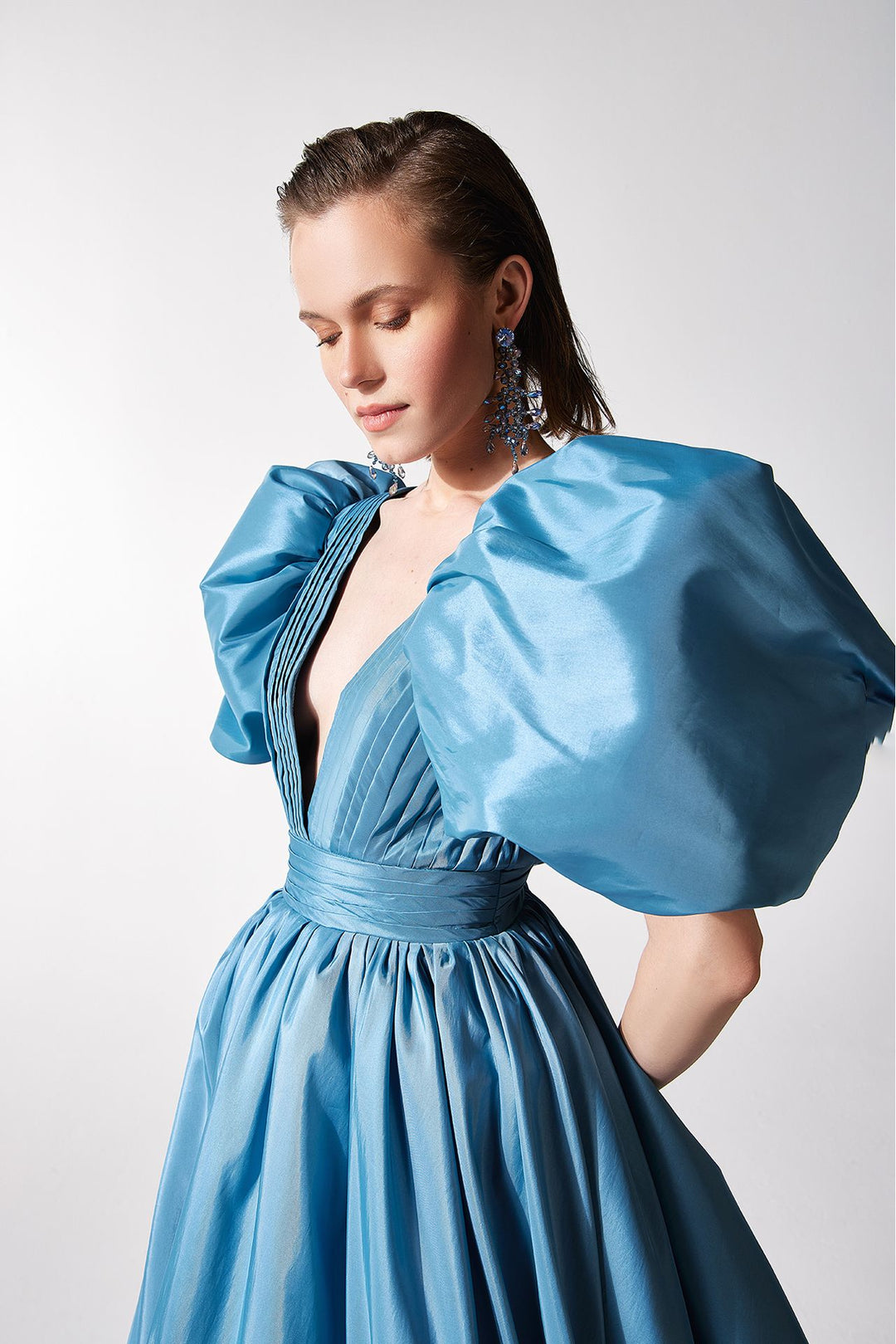 Pleated Gown with Puffy Sleeves