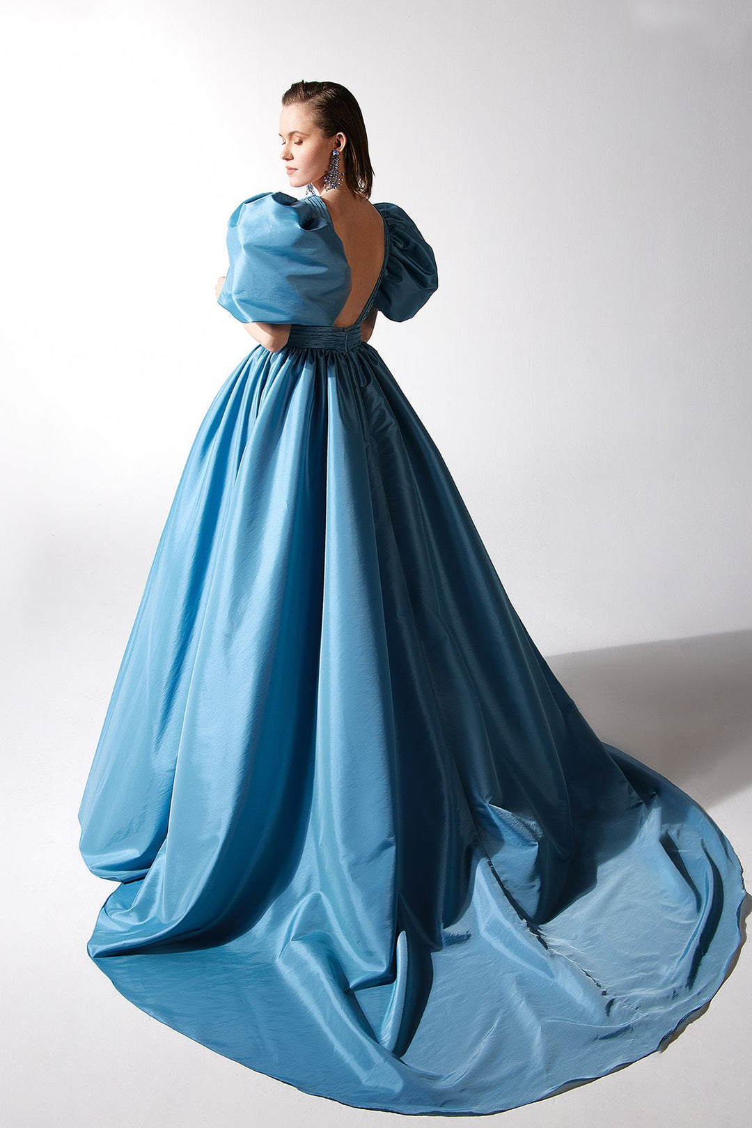 Pleated Gown with Puffy Sleeves