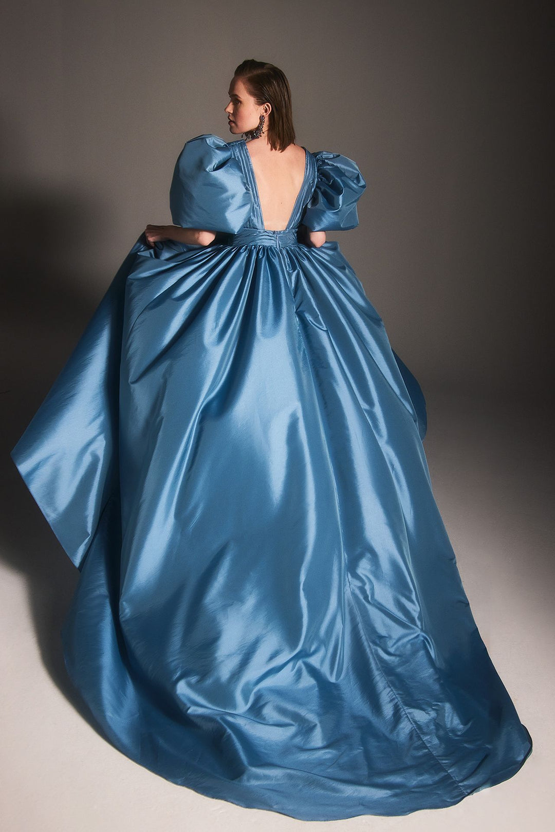 Pleated Gown with Puffy Sleeves