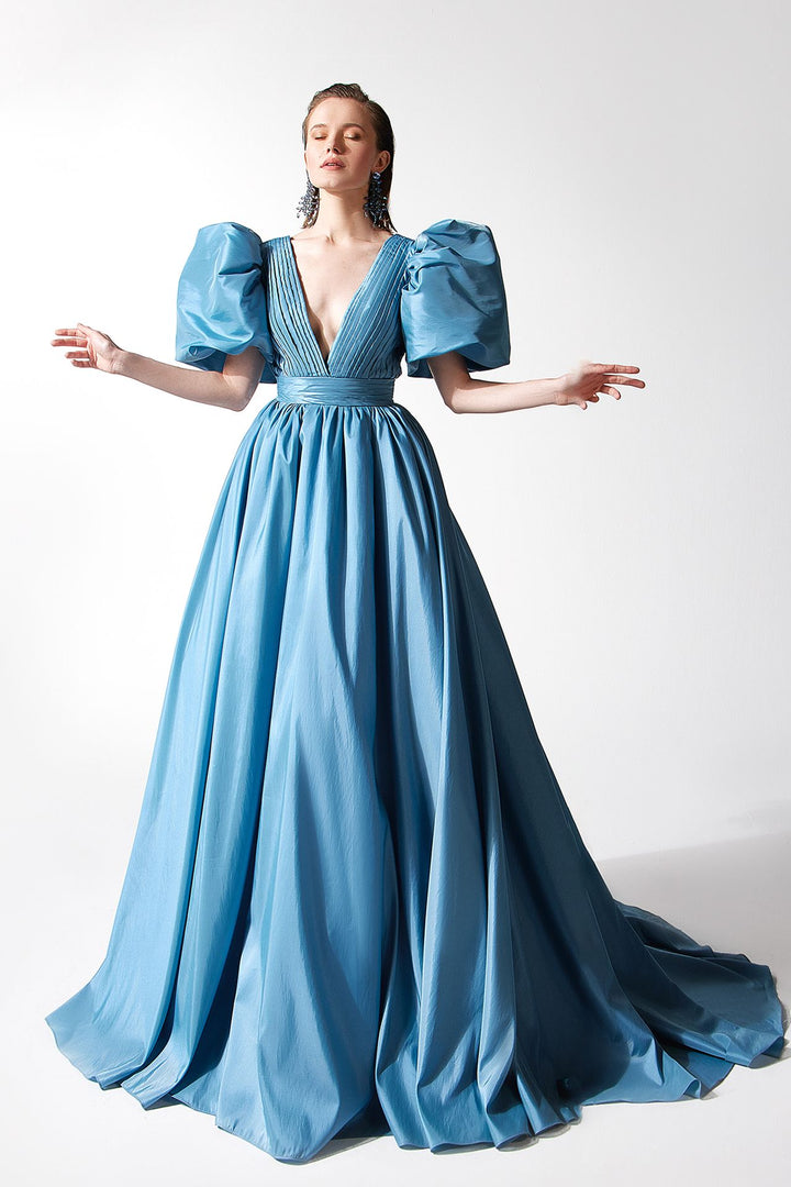 Pleated Gown with Puffy Sleeves