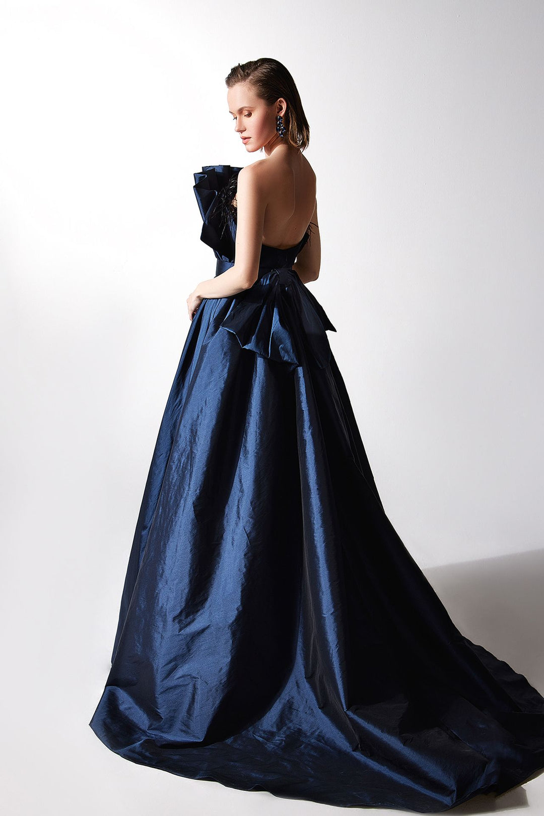 Strapless Pleated Gown with Back Bow