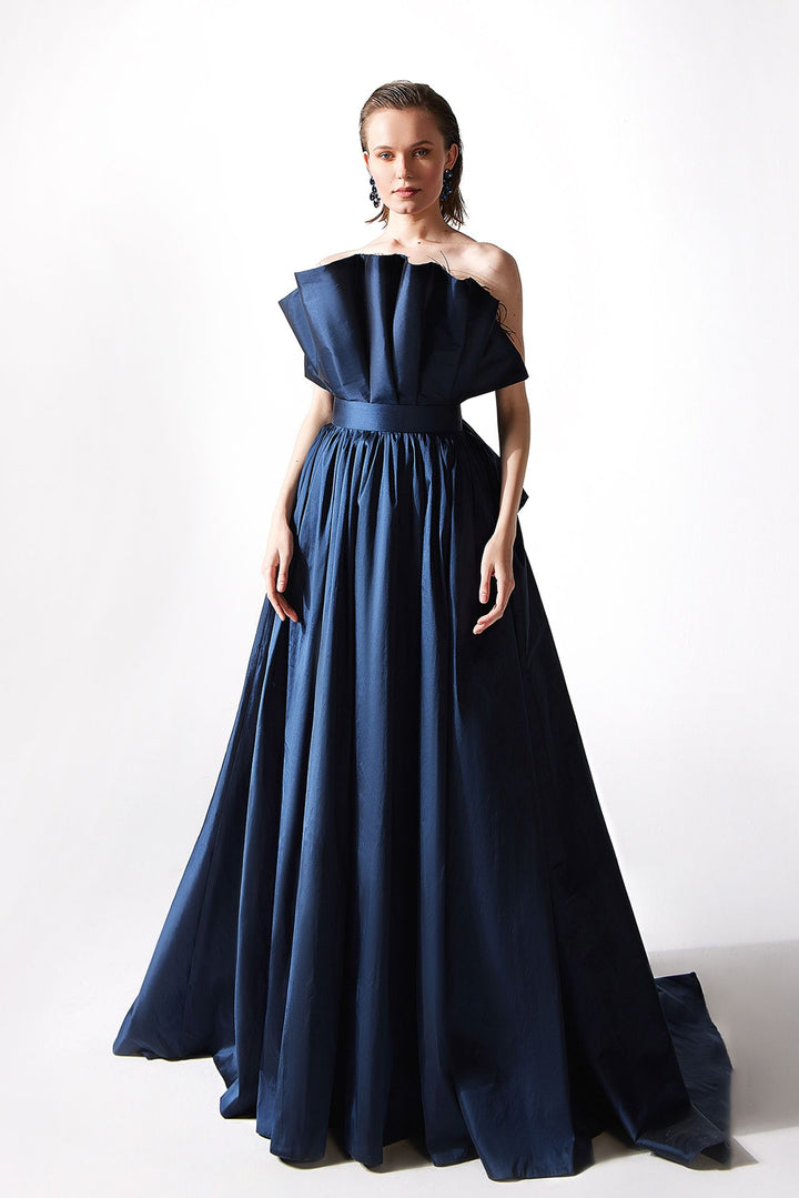 Strapless Pleated Gown with Back Bow