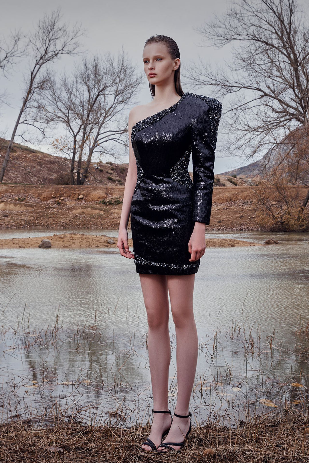 Sequin One-shoulder Short Dress Black / US 20 Sequin One-shoulder Short Dress Black / US 20